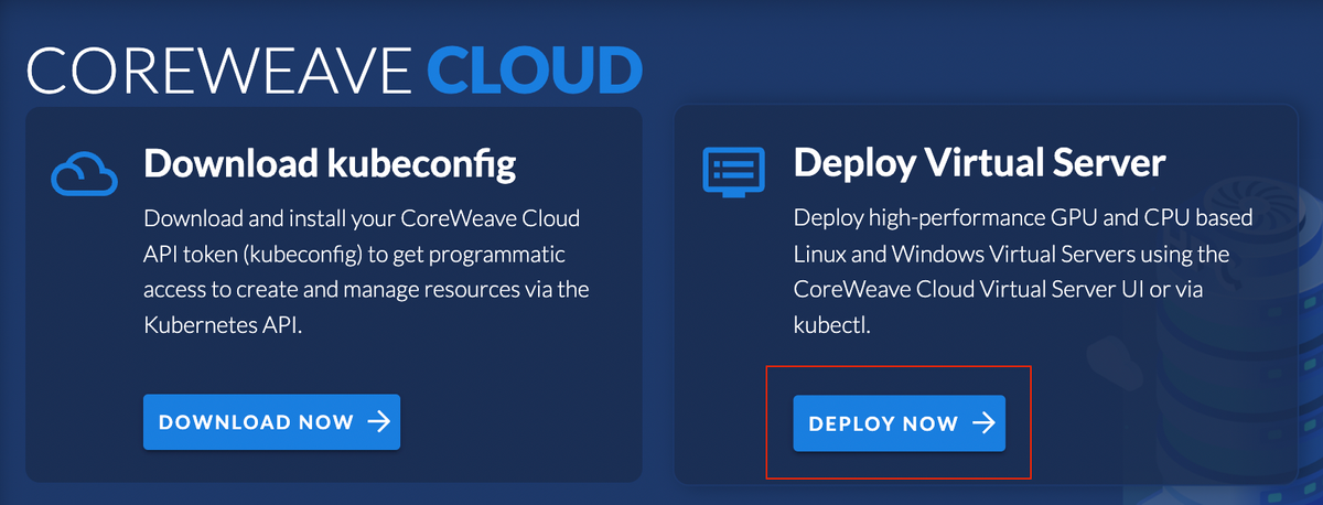 "Deploy Virtual Server" menu card on the CoreWeave Cloud UI homepage